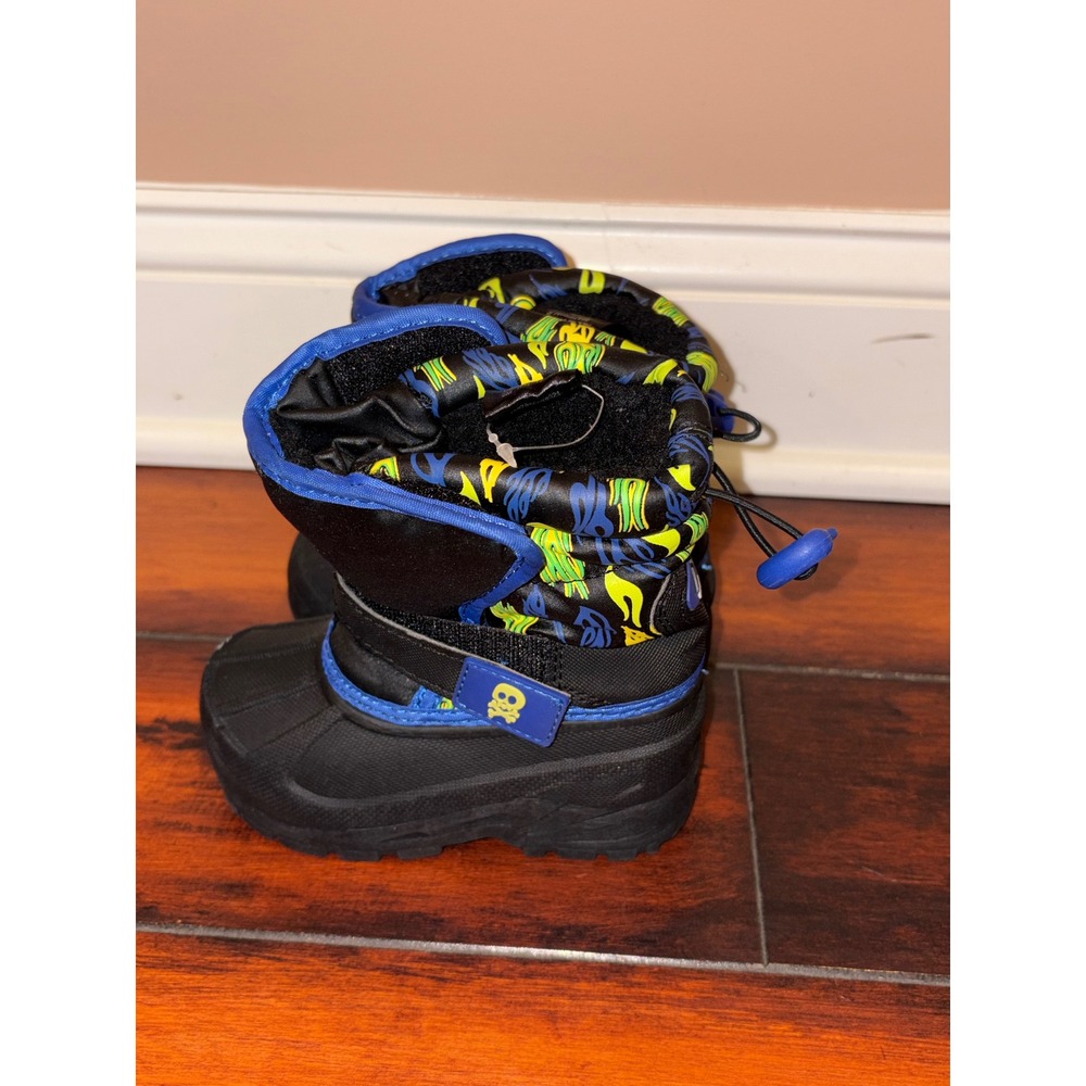 New Athletache Toddler Boys Black Blue Skull Flame Faux Fur Snow Boots Size 6M